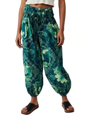 Free People After Glow Balloon Pants Size S Teal Paisley Smocked Waist Joggers